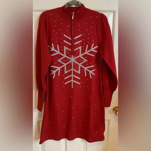 Boston Proper red holiday sweater dress. Size M. Like new. - Picture 2 of 7